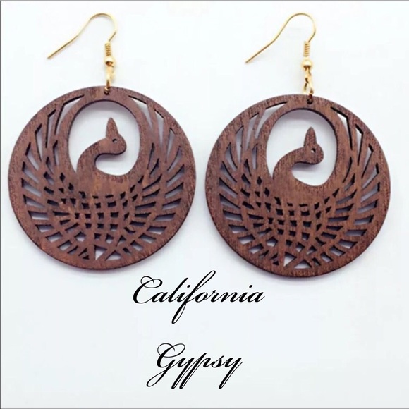 Jewelry - Wood Crane Tooled Hippie Earrings
